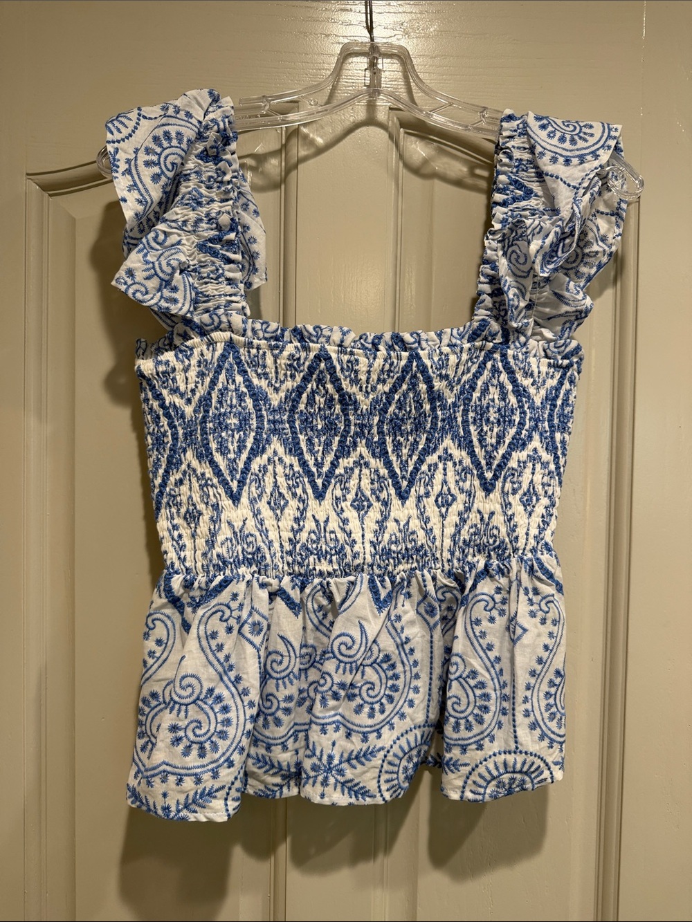 Blue and White Smocked Ruffle Strap Tank Top